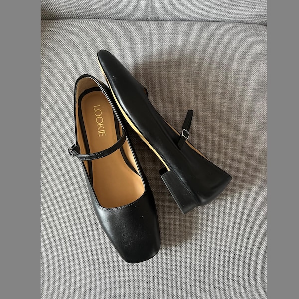 Black Mary Janes Handmade from Natural Leather, Women Square Toe Flats, Vintage Mary Jane Shoes, Retro Style Everyday Shoe Silver Buckle