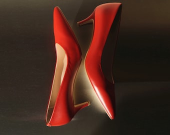 Red Women's Pumps with Kitten Heel from Genuine Leather, Evening Dress Pumps with Low Heel and Closed Pointy Toe, Classic Formal Shoes