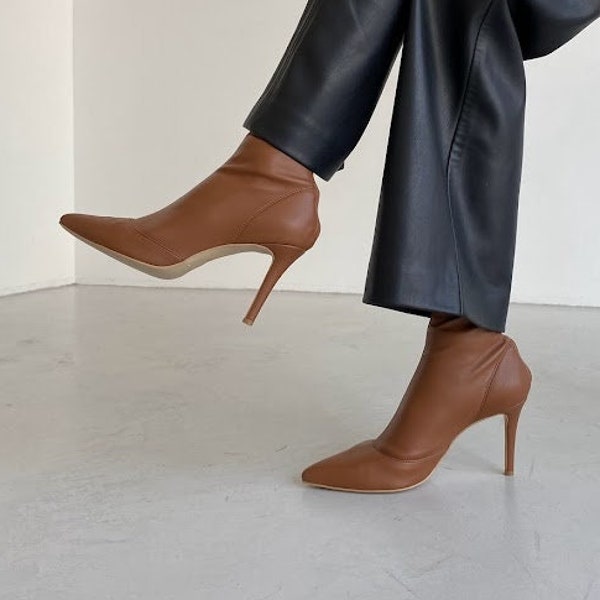Caramel Stretch Boots with Pointy Toe and Stiletto Heel from Vegan Leather, Handmade Woman Autumn Booties on High Pointy Heels, Ankle Boots
