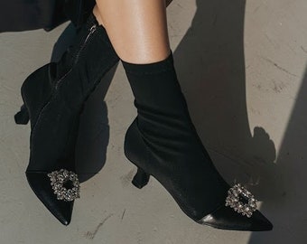 Black Stretch Ankle Boots with Pointy Toe and Low Kitten Heel, Handmade Woman Autumn Booties with Crystal Brooch, Vegan Ankle Boots