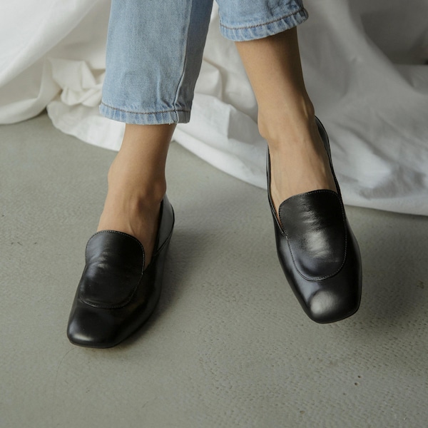 Black Loafers with Square Closed Toe, Handmade Softback Slip Ons in Soft Leather with Low Block Heels, Leather Women Penny Loafers Wide Fit