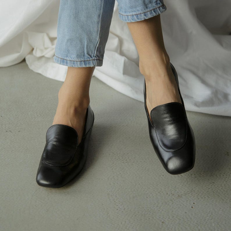 Black Loafers with Square Closed Toe, Handmade Softback Slip Ons in Soft Leather with Low Block Heels, Leather Women Penny Loafers Wide Fit