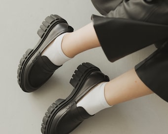 Chunky Loafers on High Platform, Shoes Lolita Style with Thick Sole, Black Platform Monk Shoes with Closed Round Toe, Women Oxford Loafers