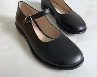 Black Mary Jane Shoes with Flat Heel, Handmade Soft Leather Flats with Arch Strap and Closed Almond Toe, Wide Fit Woman Unisex Mary Janes