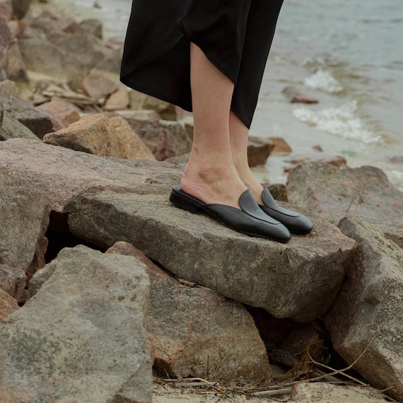 Black Mules With Square Toe and Open Back, Handmade Low