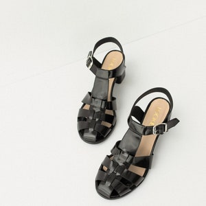 Black Fisherman Sandals, Leather Gladiator Buckle Closed Toe Sandals, Women Summer Sandals, Mid Heel Shoes with Open Back and T-Strap image 6