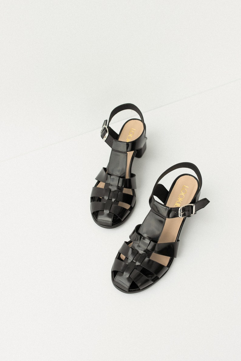 Black Fisherman Sandals, Leather Gladiator Buckle Closed Toe Sandals, Women Summer Sandals, Mid Heel Shoes with Open Back and T-Strap image 6