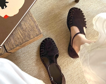 Chocolate Fisherman Sandals, Leather Gladiator Buckle Closed Toe Sandals, Women Summer Sandals, Flat Heel Shoes with T-Strap