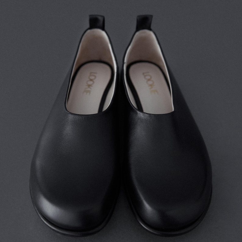 Black Flat Loafers from Natural Leather, Round Toe Flat Shoes, Anatomical Wide Fit Shoes, Minimalist Slip On Black Flats on Low Heel