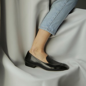 Black Loafers with Square Closed Toe, Handmade Softback Slip Ons in Soft Leather with Low Block Heels, Leather Women Penny Loafers Wide Fit