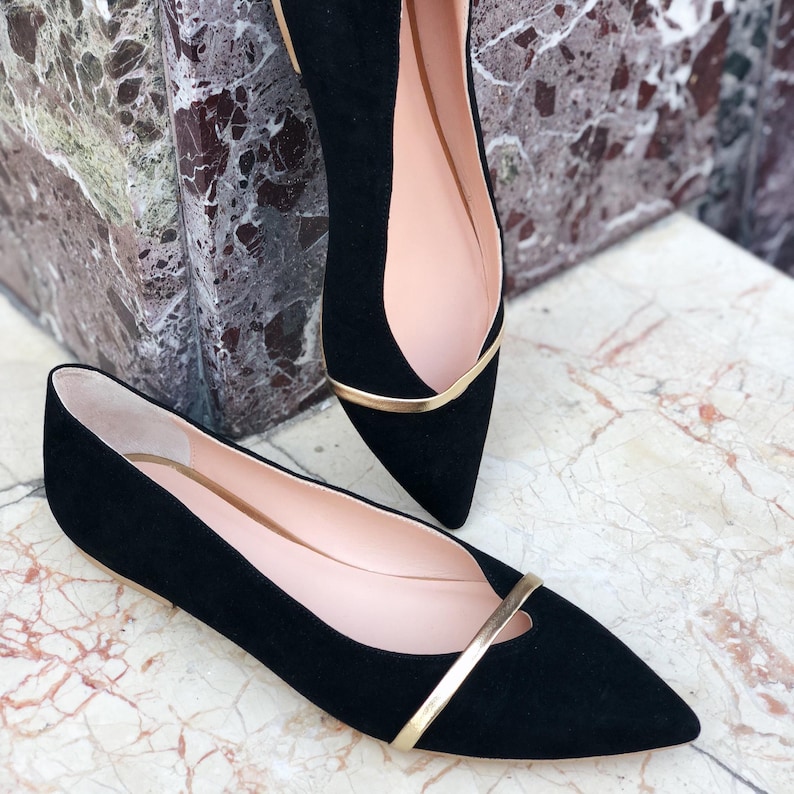 Black Pointed Toe Flats from Genuine Suede, Women Flat Shoes, Black Wedding Shoes with Pointy Toe, Black Ballet Flats with Golden Strap