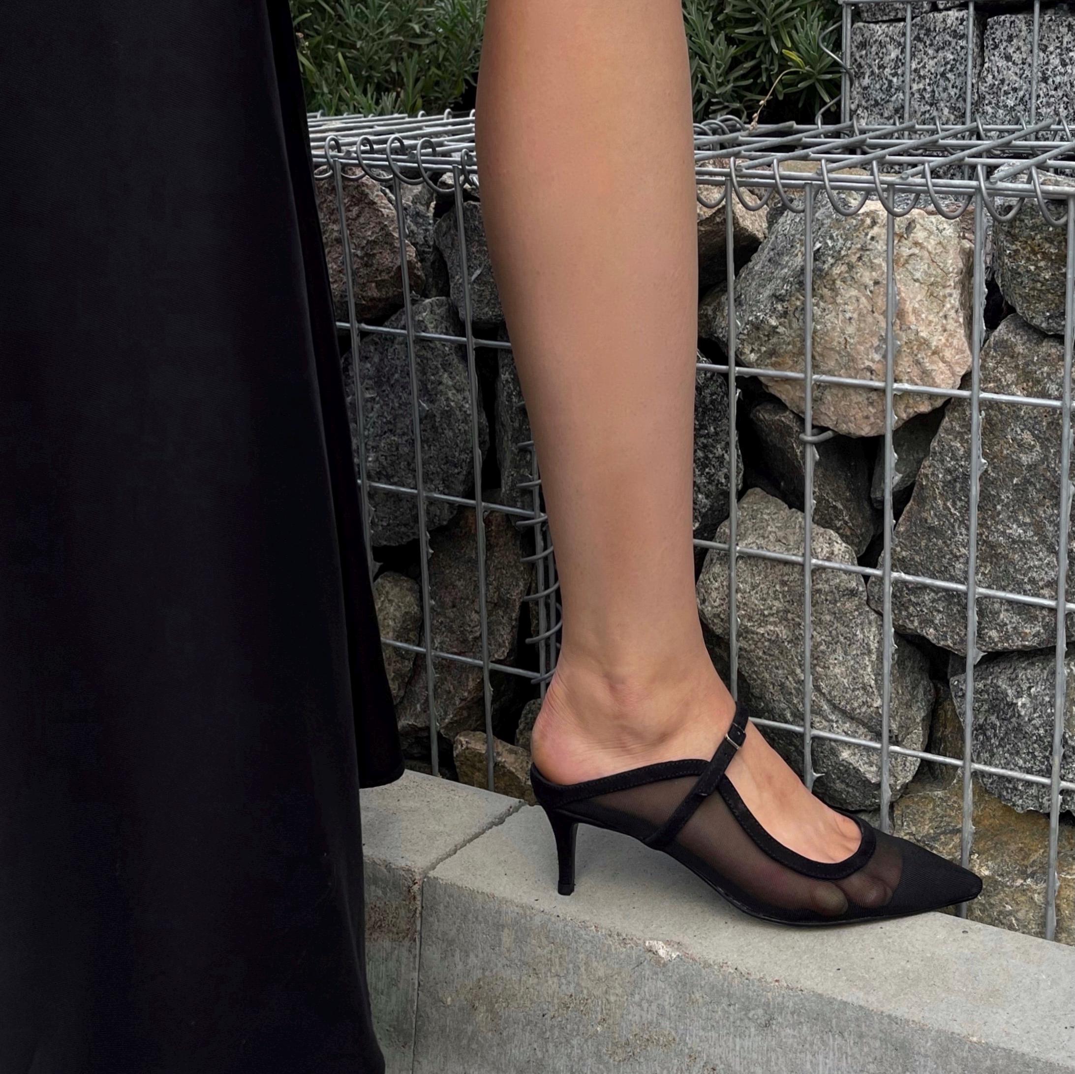 Black Mule Sandals With Crystal Flower Decor - Low Kitten Heel Pointed Toe Dress Shoes For Women