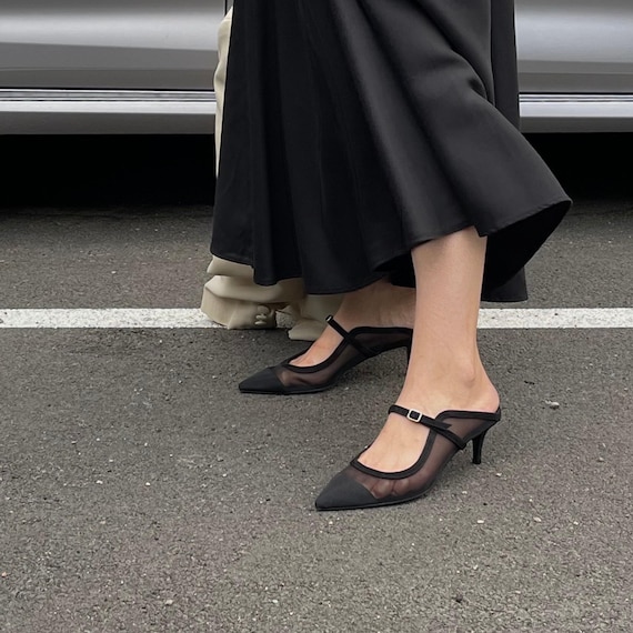Black Mules With Low Kitten Heel, Sheer Black Mesh Pumps Black Mules With Low Kitten Heel, Sheer Black Mesh Pumps