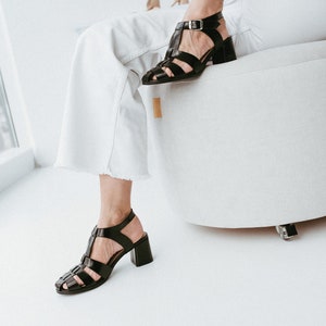 Black Fisherman Sandals, Leather Gladiator Buckle Closed Toe Sandals, Women Summer Sandals, Mid Heel Shoes with Open Back and T-Strap image 3