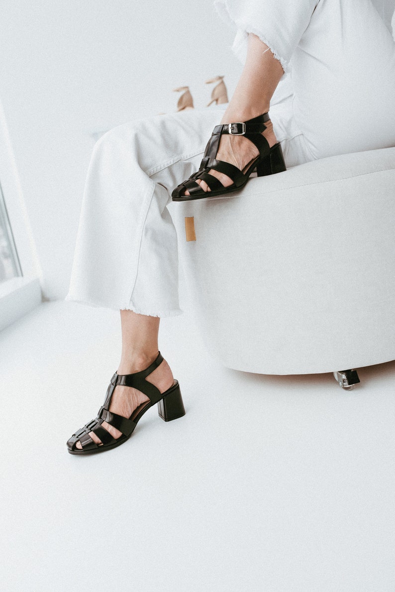 Black Fisherman Sandals, Leather Gladiator Buckle Closed Toe Sandals, Women Summer Sandals, Mid Heel Shoes with Open Back and T-Strap image 3