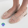 Beige Mesh Flats with Rhinestone Embroidery and Almond Toe, Fishnet Ballet Shoes with Leather, Slip On Shoes, Sparkly Crystal Jelly Shoes