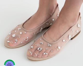 Beige Mesh Flats with Rhinestone Embroidery and Almond Toe, Fishnet Ballet Shoes with Leather, Slip On Shoes, Sparkly Crystal Jelly Shoes