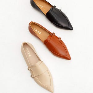 Beige Women Loafers, Soft Flat Heels with Pointed Toe in Genuine Leather, Slip on Flat Slide Shoes, Off White Milky Softback Penny Loafers