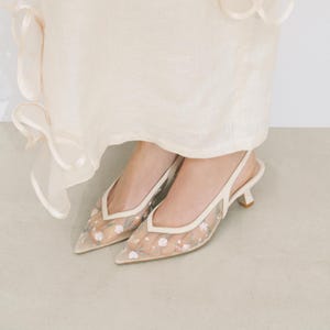 Off White Slingbacks with Floral Embroidery, Low Kitten Heel, Sheer Mesh Pumps with Pointy Toe, Suede V-cut Slippers, Women Slip on Shoes