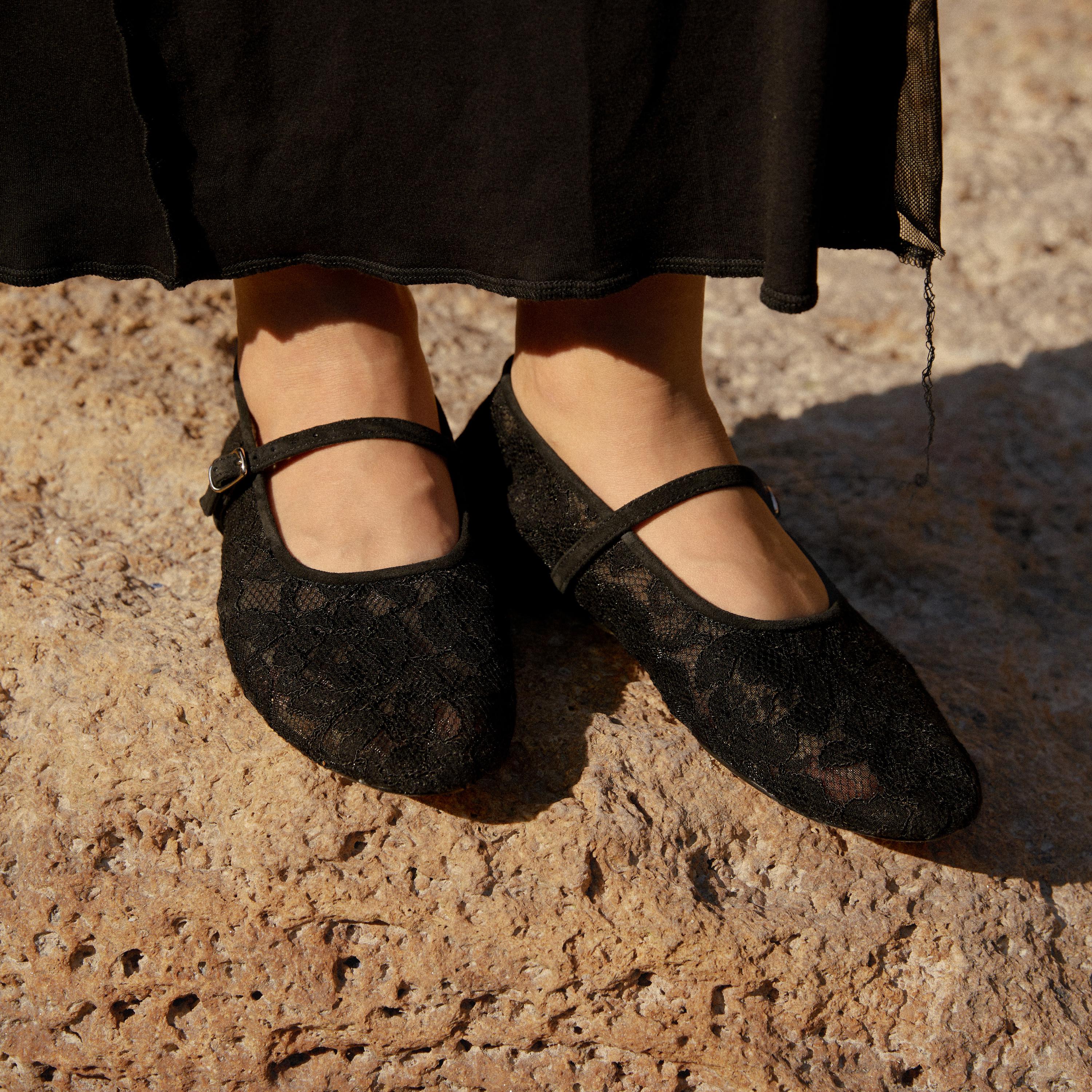 Black Lace Flats with Almond Closed Toe and Genuine Leather Insole, Fishnet Ballet Shoes, Goth Women Flat Shoes, Sheer Flats