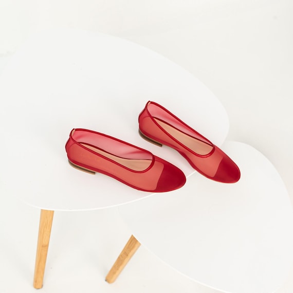 Red Mesh Flats with Almond Closed Toe and Genuine Leather Insole, Fishnet Ballet Shoes, Sheer Women Flat Shoes, Romancecore Jelly Shoes