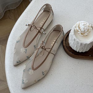 Könnte beinhalten: Ein Paar beigefarbene Ballerinas aus Mesh mit Blumenstickerei. Die Ballerinas haben eine spitze Zehenpartie und einen zarten Knöchelriemen mit Schleife. Der Markenname "LOOKIE" ist auf der Innensohle aufgedruckt.