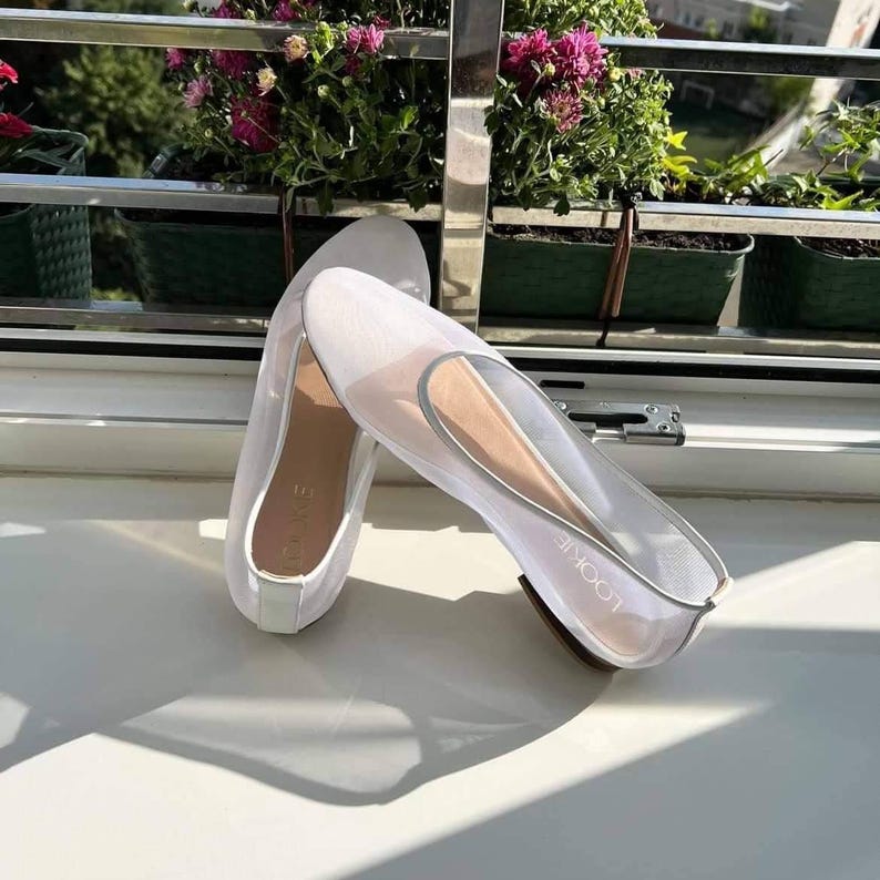 White Mesh Flats with Almond Closed Toe and Genuine Leather Insole, Fishnet Ballet Shoes, Women Sheer Flat Shoes, Jelly Shoes