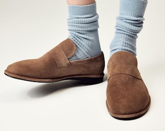 Mocassini Mokko con punta chiusa a mandorla, scarpe Oxford da donna con tacco basso, ballerine slip-on, scarpe basse casual in pelle scamosciata fatte a mano.