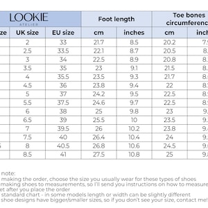 May include: A size chart for shoes, showing US, UK, and EU sizes, along with corresponding foot length in centimeters and inches, and toe bone circumference in centimeters and inches.