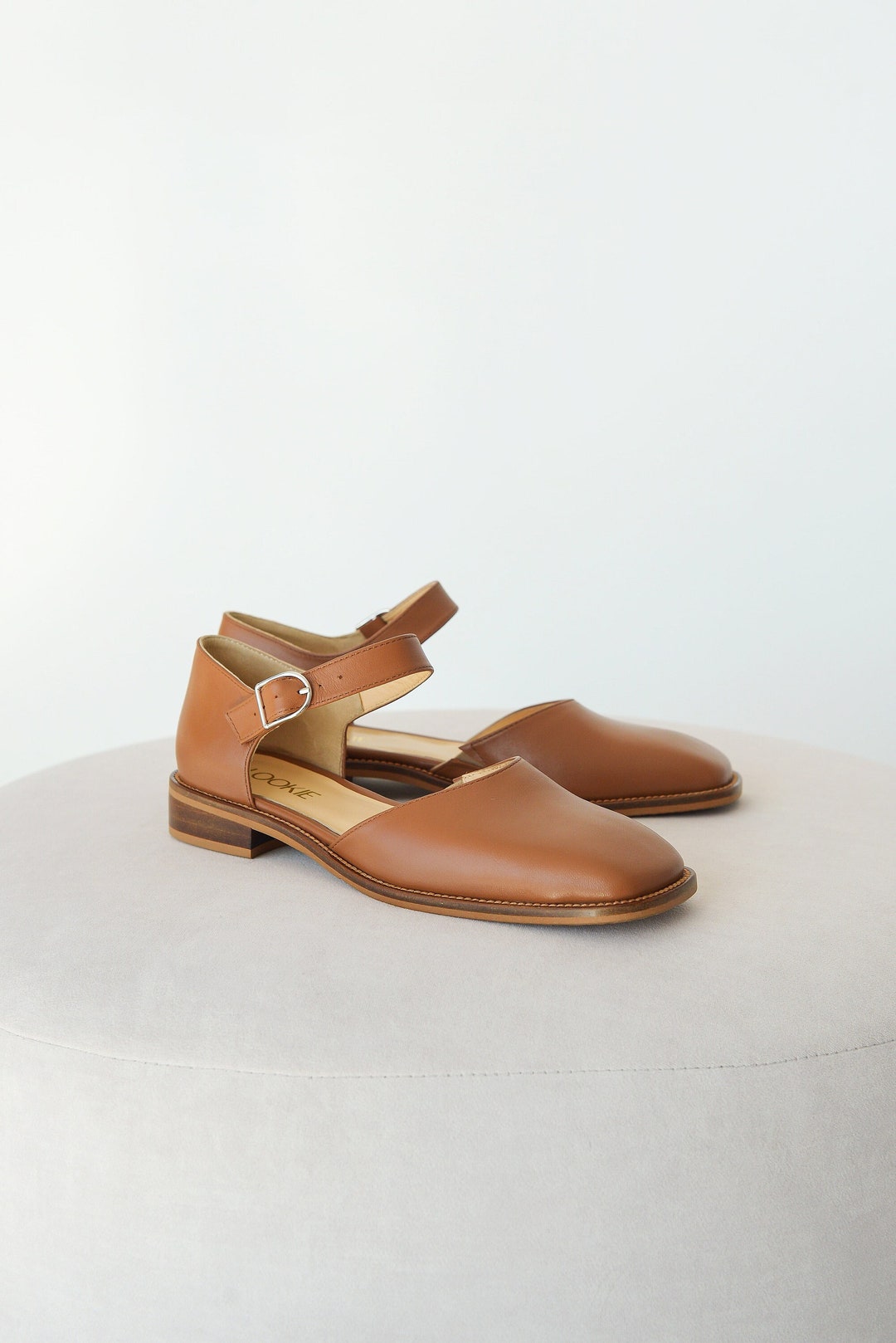 Caramel Mary Jane With Square Toe, Women Beige Flats Shoes, Low Block ...