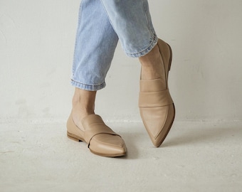 Beige Leather Loafers with Closed Pointy Toe, Low Heel Women Oxford Shoes, Slip On Ballet Pumps, Handmade Casual Loafer Flat Shoes