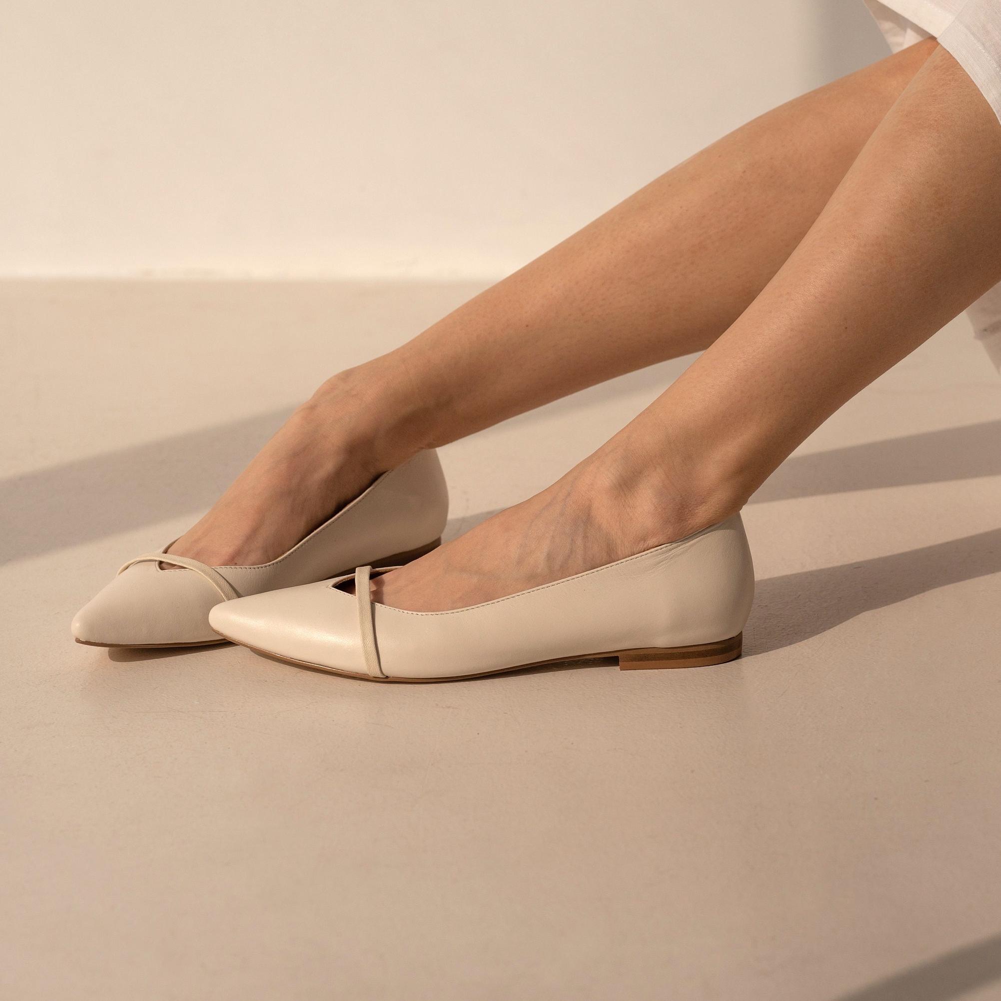 Milky White Flats with Pointed Closed Toe and Decorative Strap, Flat Women Pumps from Natural Leather, Creamy Beige Women Ballerinas