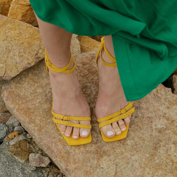 Yellow Strappy Sandals With Open Peep Toe, Handmade Summer