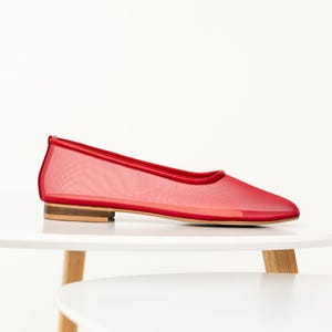 Red Mesh Flats with Almond Closed Toe and Genuine Leather Insole, Fishnet Ballet Shoes, Sheer Women Flat Shoes, Romancecore Jelly Shoes