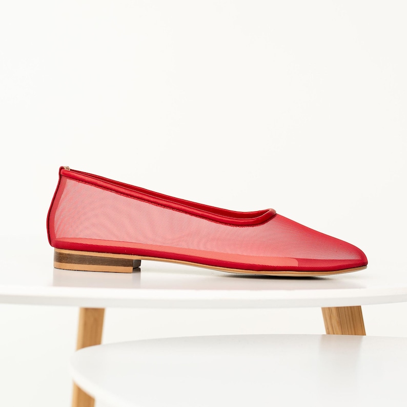 Red Mesh Flats with Almond Closed Toe and Genuine Leather Insole, Fishnet Ballet Shoes, Sheer Women Flat Shoes, Romancecore Jelly Shoes