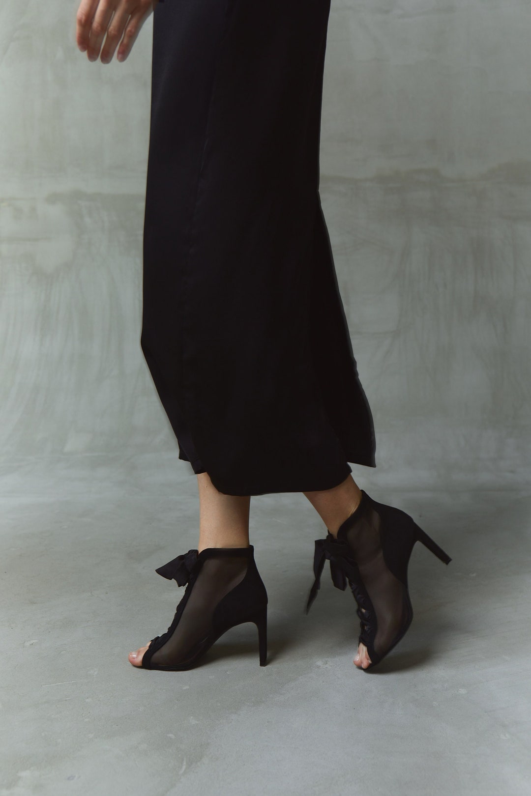 Black Mesh Shoes With High Block Heels Fishnet Black Ankle - Etsy