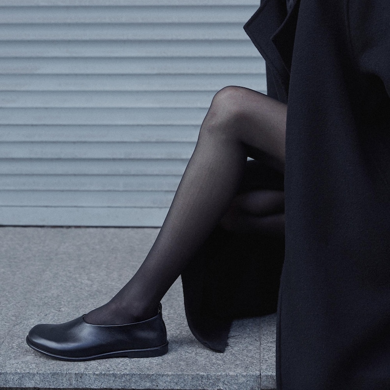 Black Flat Loafers from Natural Leather, Round Toe Flat Shoes, Anatomical Wide Fit Shoes, Minimalist Slip On Black Flats on Low Heel