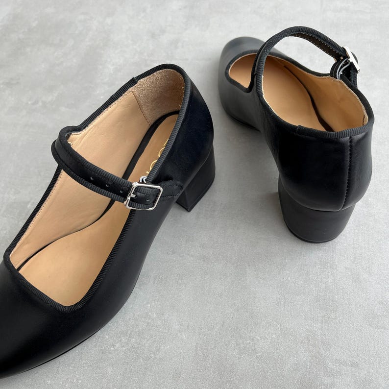 Black Mary Janes with Low Block Heel, Leather Women Shoes with Almond Toe, Handmade Heeled Dress Pumps with Arch Strap and Silver Buckle