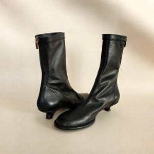 Black Ankle Boots with Flare Kitten Heel, Round Toe and Zipper Pull, Women Leather Shoes, Custom Shoes For Women, Vegan Leather Boots