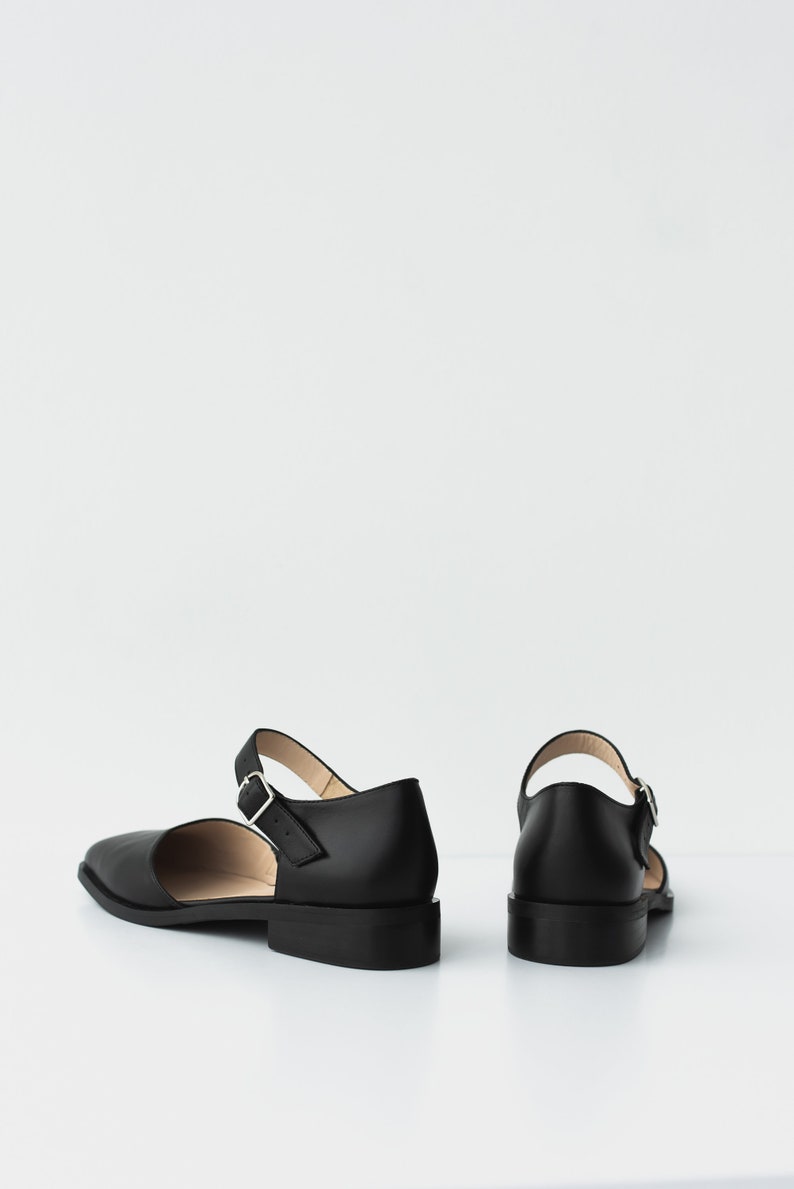 Black Mary Janes with Square Toe in Genuine Leather, Women Shoes, Low Block Heel Mary Jane with Ankle Strap, Wide Ballet Flats Silver Buckle