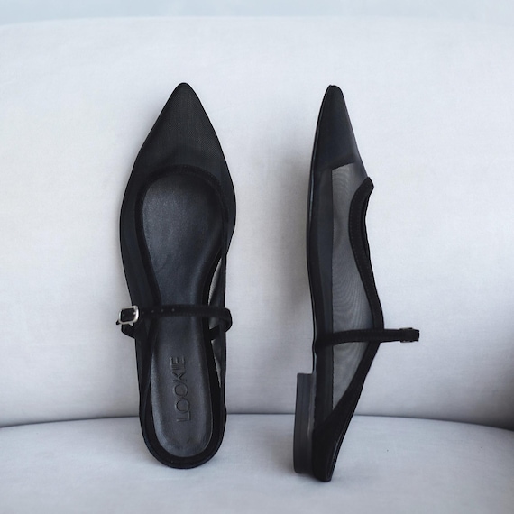 Black Mesh Flats With Black Suede, Slingback Fishnet Ballet Shoes 