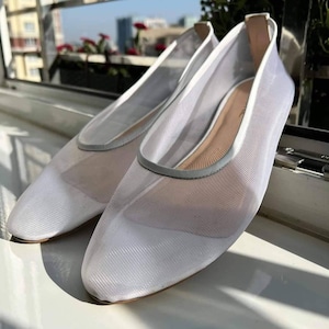 White Mesh Flats with Almond Closed Toe and Genuine Leather Insole, Fishnet Ballet Shoes, Women Sheer Flat Shoes, Jelly Shoes