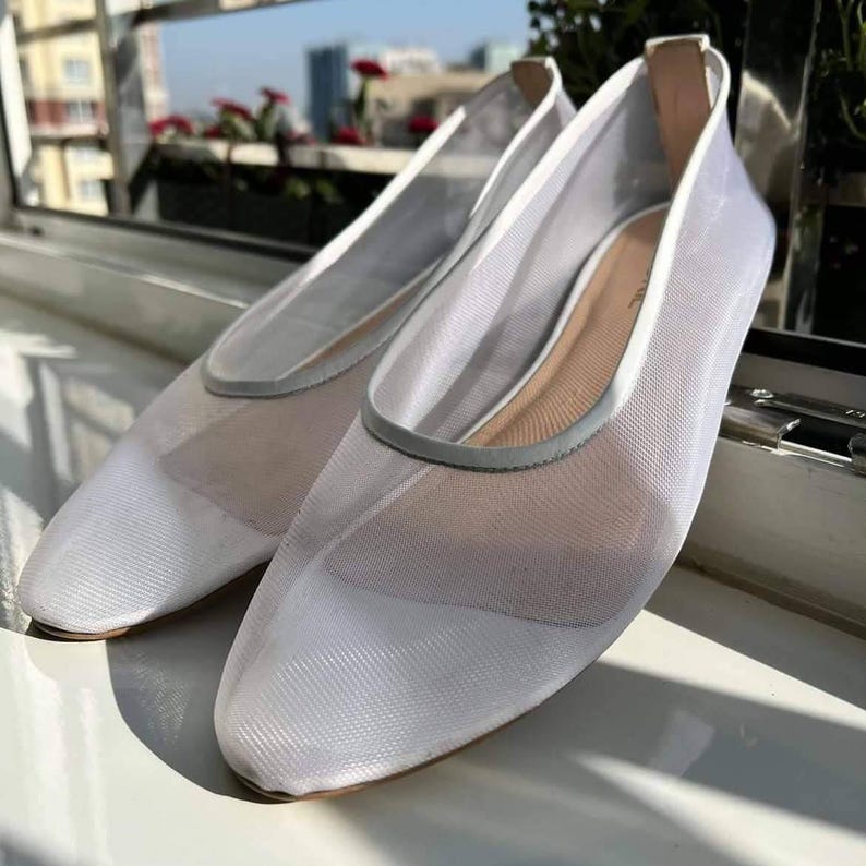 White Mesh Flats with Almond Closed Toe and Genuine Leather Insole, Fishnet Ballet Shoes, Women Sheer Flat Shoes, Jelly Shoes