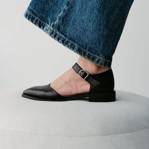 Black Mary Janes with Square Toe in Genuine Leather, Women Shoes, Low Heel Everyday Mary Jane with Ankle Strap, Wide Fit Ballet Flats