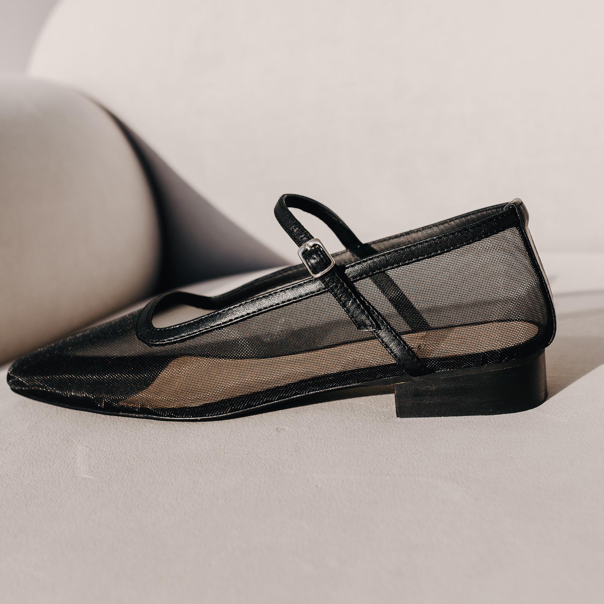 Black Mesh Mary Janes With Square Closed Toe and Leather Insole