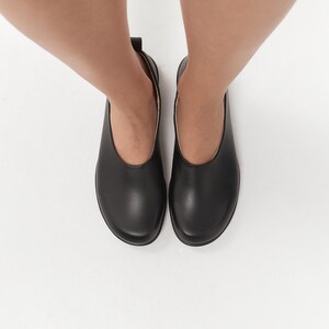 Black Flat Loafers from Natural Leather, Round Toe Flat Shoes, Anatomical Wide Fit Shoes, Minimalist Slip On Black Flats on Low Heel