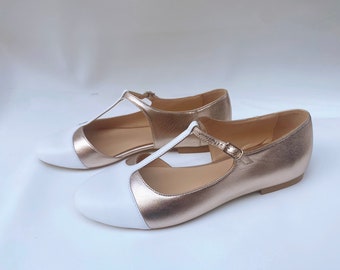 T-Strap Mary Janes with Almond Toe from Metallic Rose Gold and White Leather, Women Flat Shoes, Vintage Retro Style, Buckled Ballet Flats