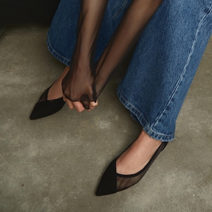 Black Mesh Flats with Closed Pointy Toe, Fishnet Ballet Shoes, Jelly Shoes, Transparent Slip On Women Flat Shoes, Casual Summer Flats
