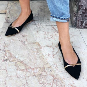 Black Pointed Toe Flats from Genuine Suede, Women Flat Shoes, Black Wedding Shoes with Pointy Toe, Black Ballet Flats with Golden Strap