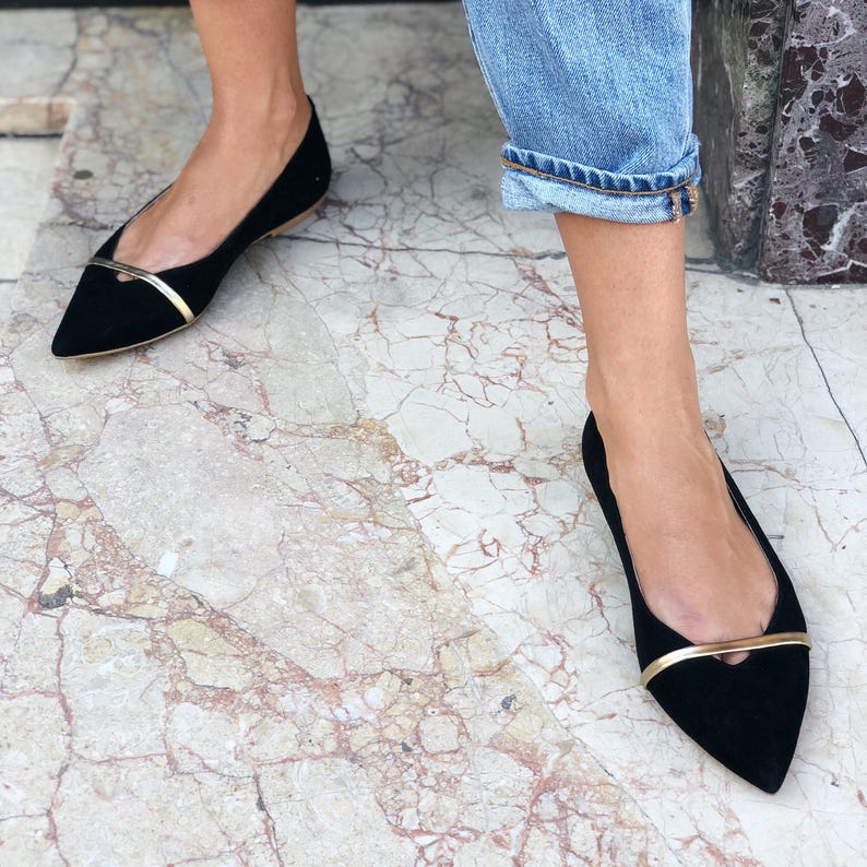 Black Pointed Toe Flats from Genuine Suede, Women Flat Shoes, Black Wedding Shoes with Pointy Toe, Black Ballet Flats with Golden Strap